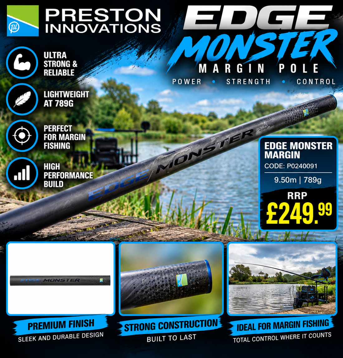Preston Innovations Edge Monster Margin Pole graphic showing the 9.5m model, 789g weight, code P0240091 and £249.99 RRP beside a fishing lake.