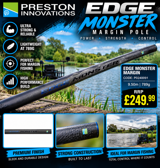 Preston Innovations Edge Monster Margin Pole graphic showing the 9.5m model, 789g weight, code P0240091 and £249.99 RRP beside a fishing lake.