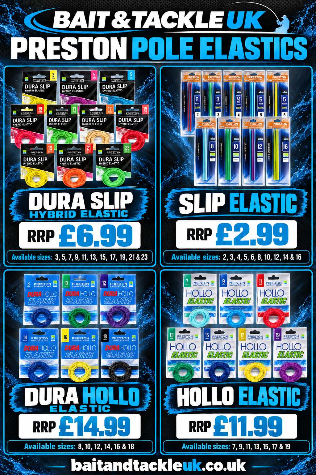 Bait & Tackle UK graphic comparing Preston Dura Slip Hybrid, Slip, Dura Hollo and Hollo pole elastics, with size options and RRPs.
