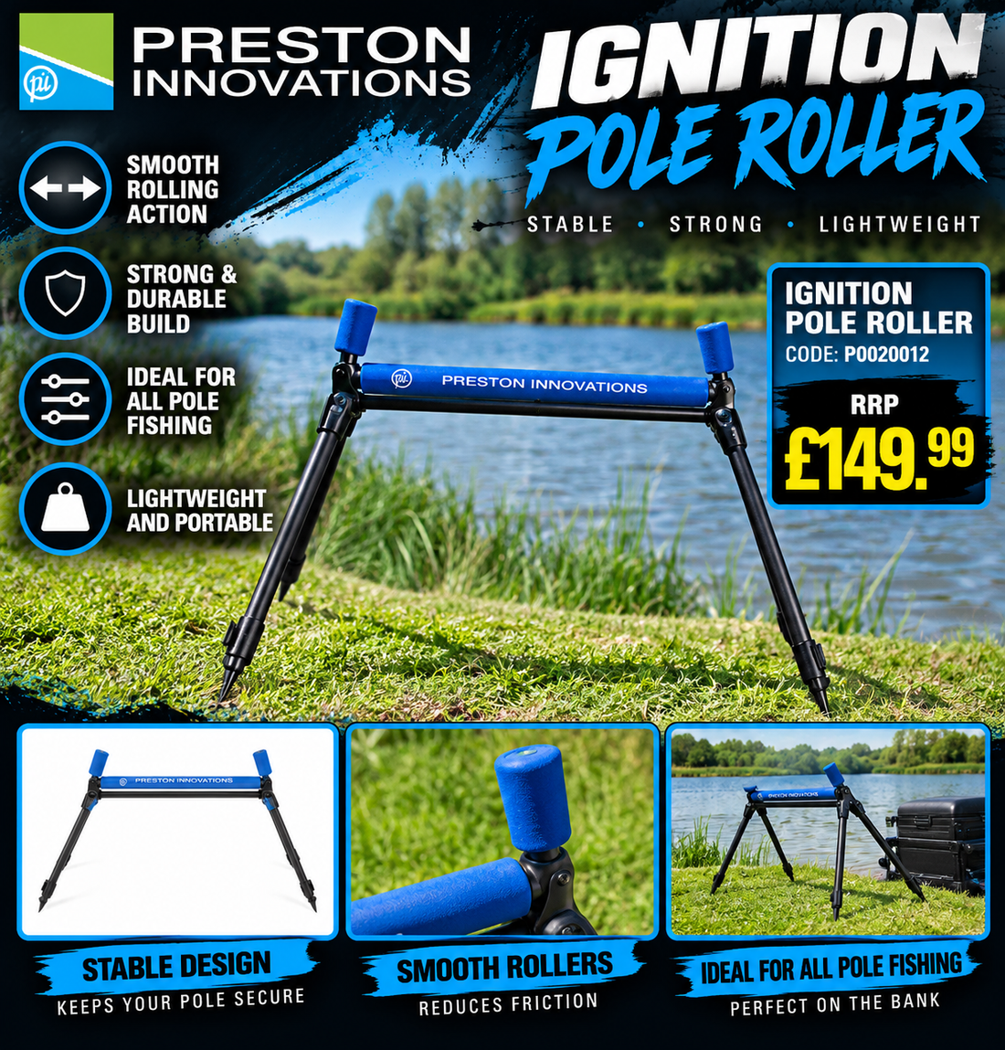 Preston Innovations Ignition Pole Roller graphic showing blue rollers on a black supporting frame, product code P0020012 and £149.99 RRP.