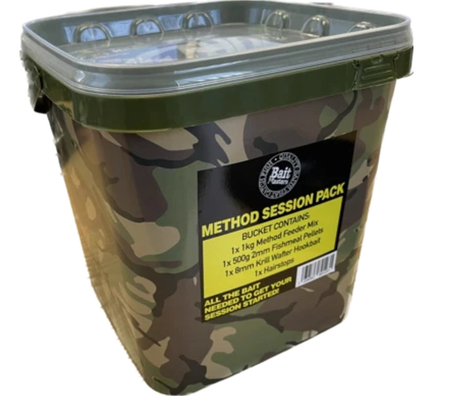Bait Masters Method Session Pack in reusable camouflage bucket